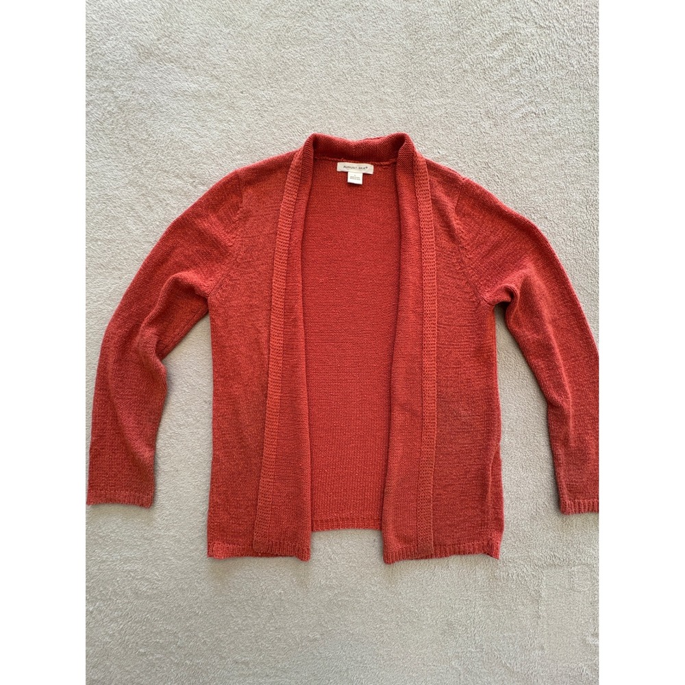 August Silk Open Front Cardigan Sweater Coral Red Knit Long Sleeve Women's L